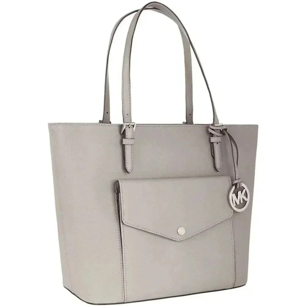 Micheal Kors Saffiano Leather Large Jet Set Pocket Tote In Grey